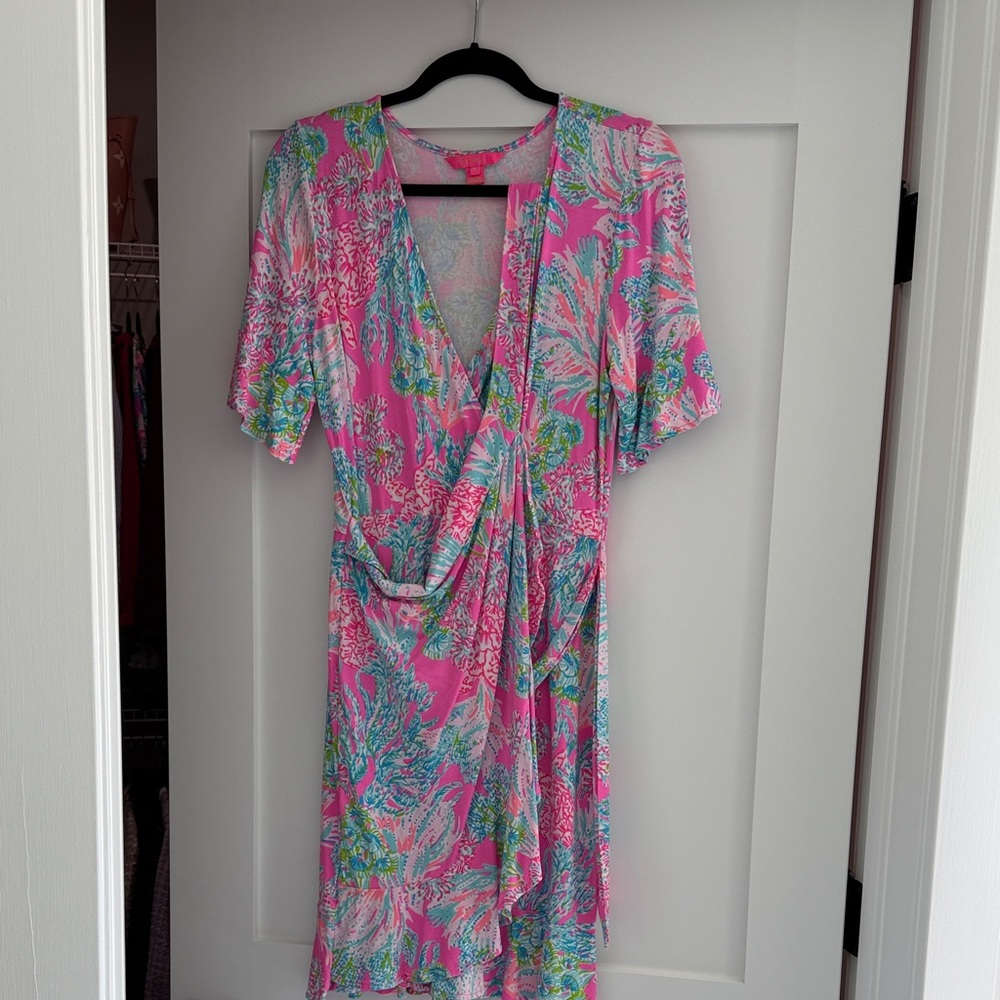 Lilly Vibrant Pink Tropical Print Wrap Dress